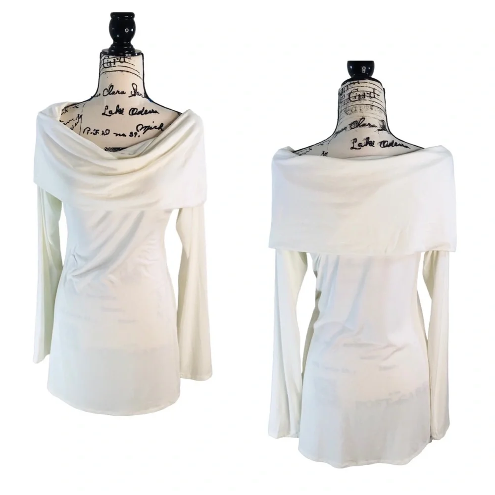 Julian Chang - Off-The-Shoulder Long Sleeve Tunic Top Size L in Winter White - Picture 1 of 15